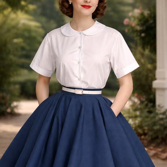 Hey Viv Tops - White Peter Pan Collar Short Sleeve Blouse Button Up Poly Cotton Adult Sz Large